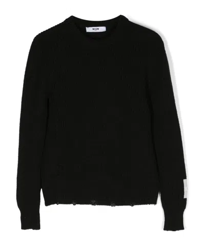 Msgm Distressed-hem Waffle-knit Jumper In Black