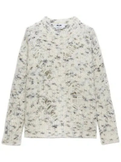 Msgm Distressed Marble-knit Jumper In White