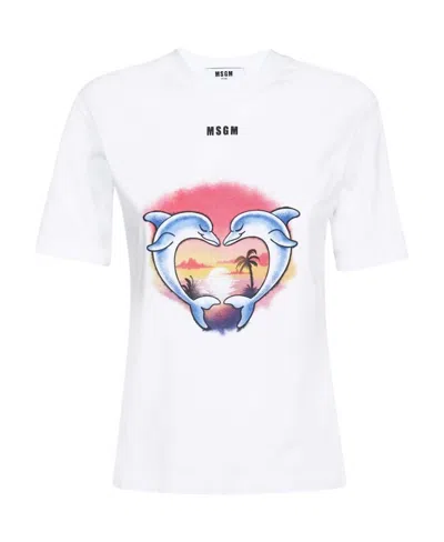 Msgm Dolphin-print Cotton T-shirt In White