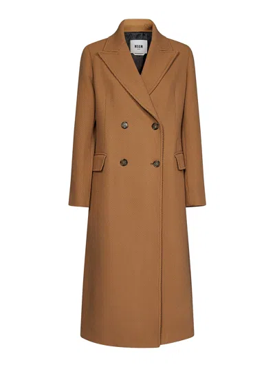 Msgm Double-breasted Coat In Wool Blend In Brown