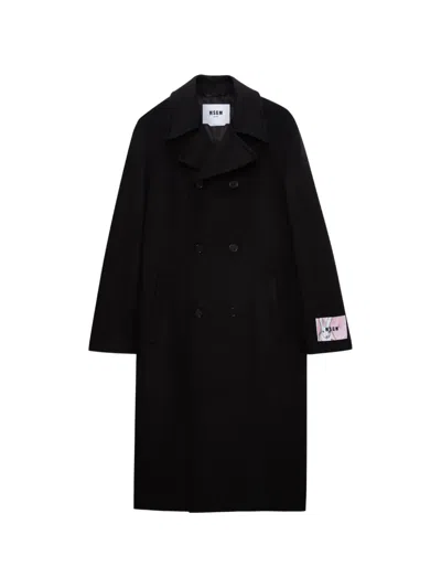 Msgm Double-breasted Logo-patch Coat In Black