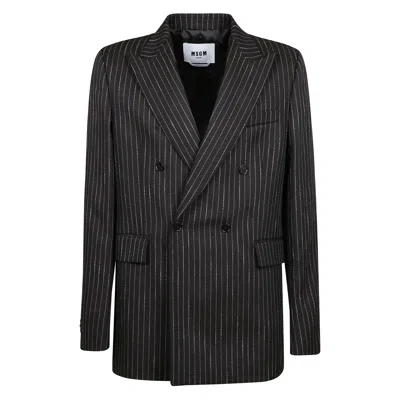 Msgm Double-breasted Pinstriped Blazer In Dark Brown/white