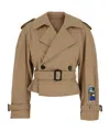 Msgm Beige Double-breasted Crop Trench Coat With Waist Belt And Patch On The Sleeve In Cotton Woman In Brown