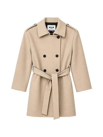 Msgm Kids' Double-breasted Belted Coat In Neutrals