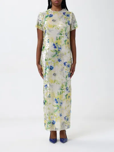Msgm Sequined Flowers Long Sleeve Long Dress In Ivory