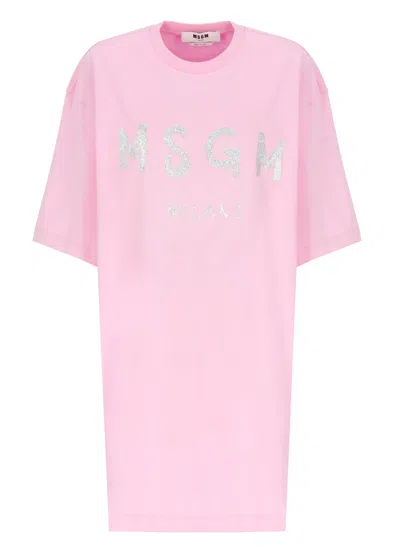 Msgm Dress With Glitter Logo In Pink