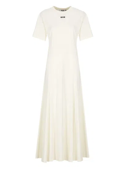 Msgm Logo Embroidered Midi Dress In Neutral