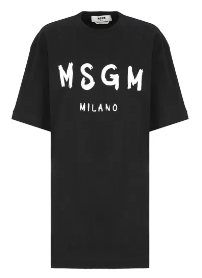 Msgm Black Cotton Dress With Glitter Logo