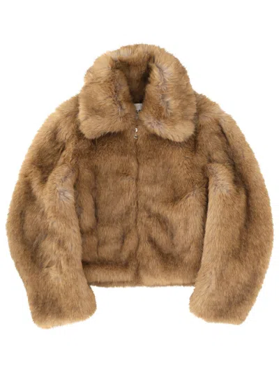 Msgm Beige Fur Jacket With Spread Collar And Front Concealed Closure In Ecofur Woman In Brown