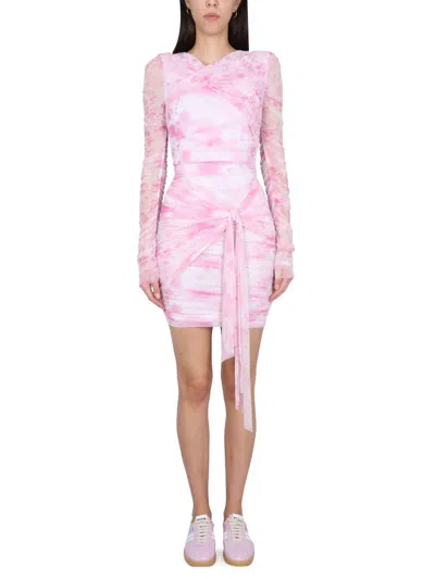 Msgm Sheer Sleeve Mini Dress Tie-dye Pattern In Pink