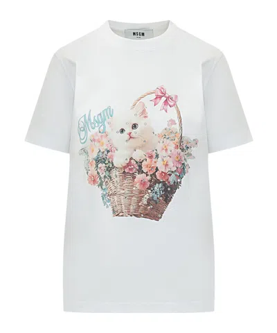 Msgm Floral Kitten Graphic T-shirt In White