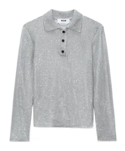 MSGM MSGM LONG SLEEVED SEQUIN EMBELLISHED KNIT POLO TOP