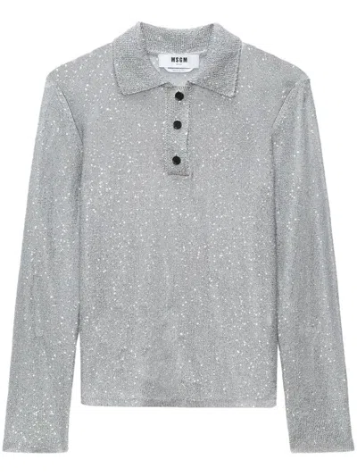 Msgm Embellished Knit Polo In Grey