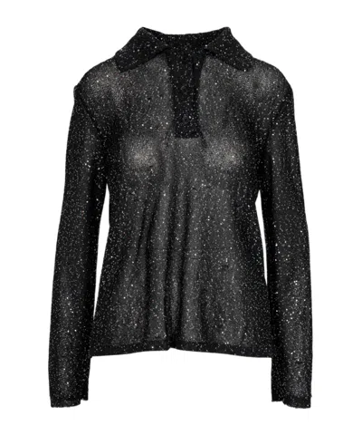 Msgm Embellished Knitted Polo Shirt In Black
