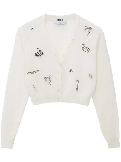 Msgm Embellished V-neck Cardigan In White