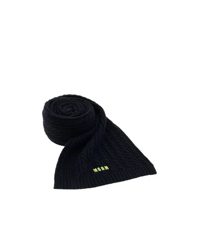 Msgm Embroidered Logo Cable Knit Scarf In Black