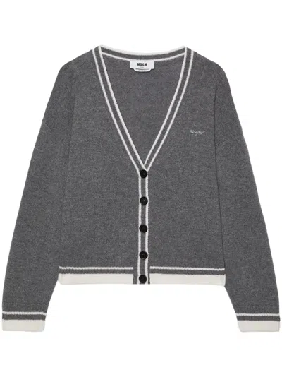 Msgm Embroidered-logo Cardigan In Gris