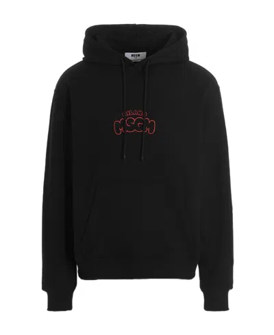 Msgm Embroidered-logo Cotton Hoodie In Black
