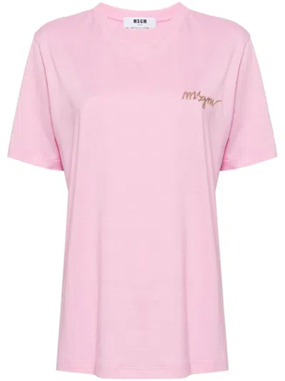 Msgm Logo-embroidered Cotton T-shirt In Pink