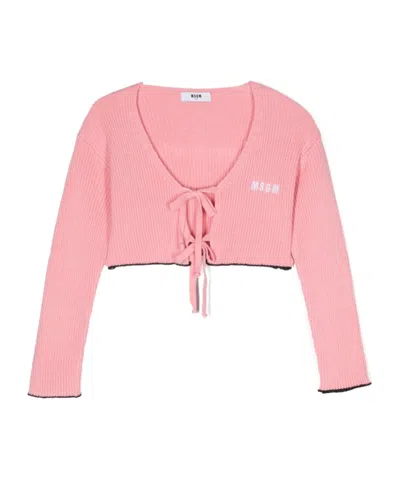 Msgm Kids' Embroidered-logo Cropped Cardigan In Pink
