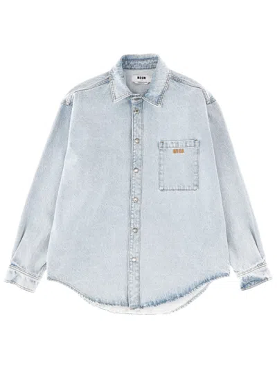 Msgm Embroidered Logo Denim Shirt In Blue