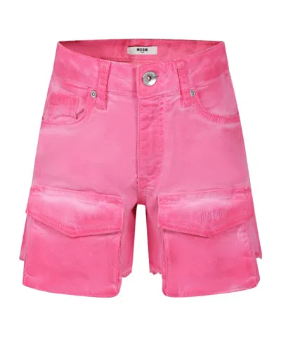 Msgm Embroidered-logo Twill Shorts In Pink