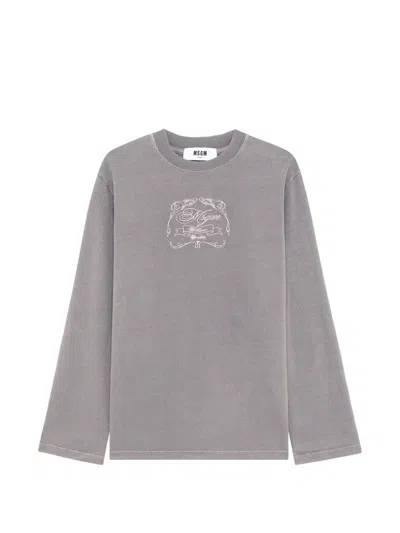 Msgm Embroidered Long-sleeve T-shirt In Grey