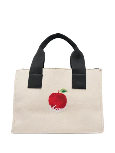 Msgm Embroidered Tote Bag In Neutral