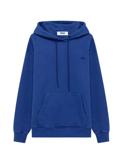 Msgm Embroidered-logo Pouch-pocket Hoodie In Blue