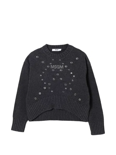 Msgm Eyelet-embellished Logo-print Sweater In Grau