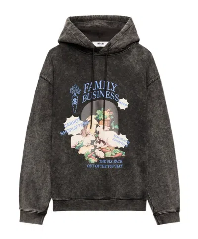 Msgm Family Business Print Marbled Jersey Hoodie In Black