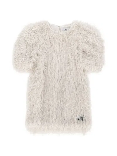 Msgm Kids' Faux-fur Short-sleeve Dress In Neutrals