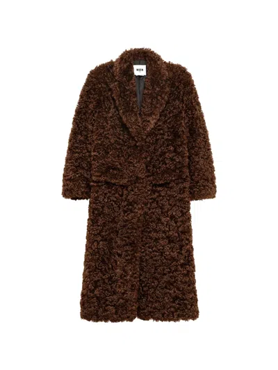 Msgm Faux-shearling Double-breasted Coat In Brown