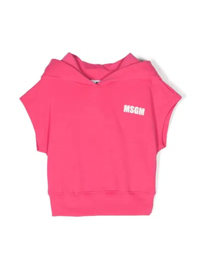 Msgm Kids' Logo-print Short-sleeve Hoodie In Pink