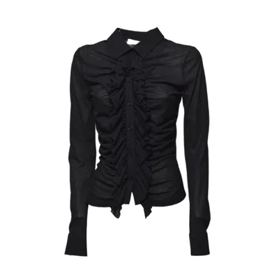 Msgm Fitted Black Shirt With Ruffled Details And Sheer Panel In Blue