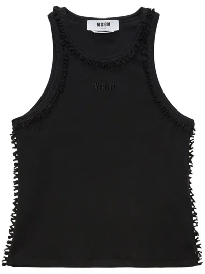 Msgm Fitted Ribbed Top With Ruffled Edges In Black