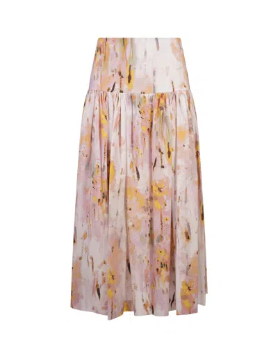 Msgm Flared Midi Skirt In Poplin With Artsy Flower Print In Pink