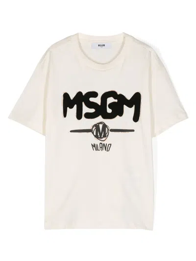 Msgm Kids' T-shirt Mit Beflocktem Logo In Nude