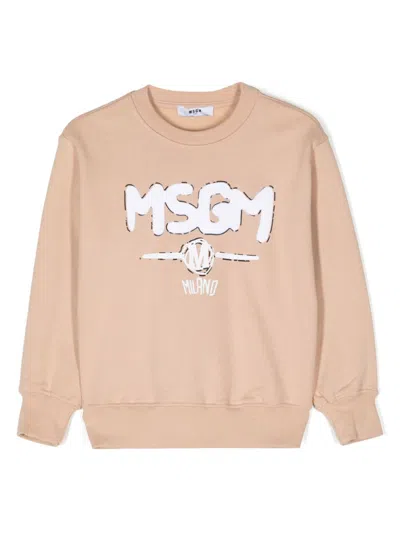 Msgm Kids' Flocked-logo Sweatshirt In Neutrals