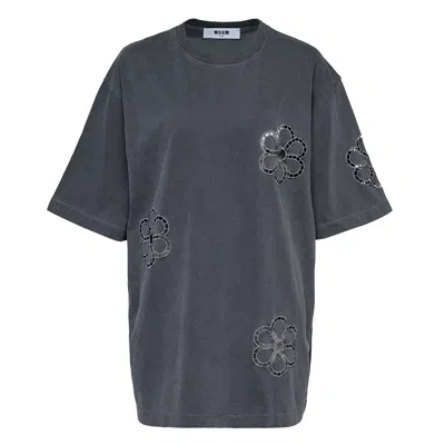 Msgm Floral Ajour Embroidery Tee In Gray