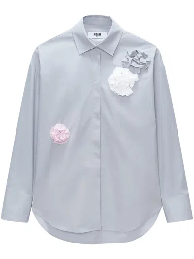 Msgm Floral-appliqué Poplin Shirt In Grey
