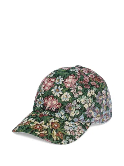 Msgm Curved Brim Silk Nylon Floral Cap In Green