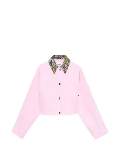 Msgm Floral-collar Cropped Jacket In Pink