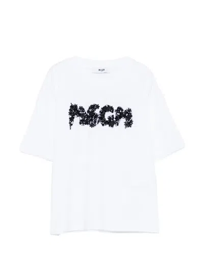 Msgm Kids' Floral Crewneck T-shirt In White