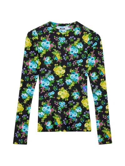 Msgm Floral-detail Long-sleeve Top In Multi