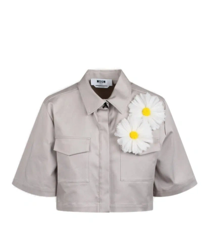 Msgm Floral Detailed Cropped Shirt In Grey
