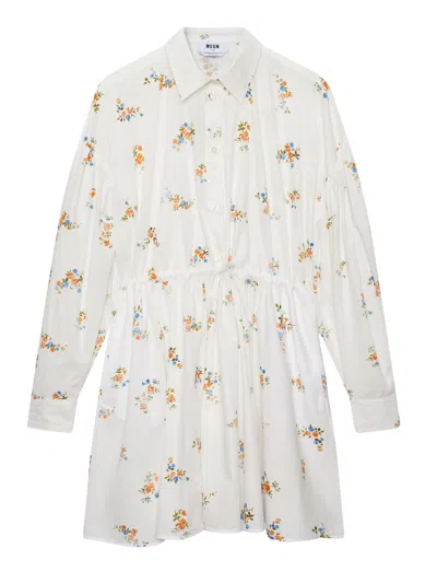 Msgm Floral Dress Drawstring Waist Long Sleeves In White