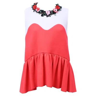 Msgm Floral Embellished Collar Peplum Vest Top In Red Wool In Multi