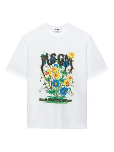 Msgm Floral-embellished Logo T-shirt In White