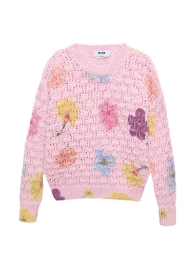 Msgm Floral-embellishment Sweater In Pink